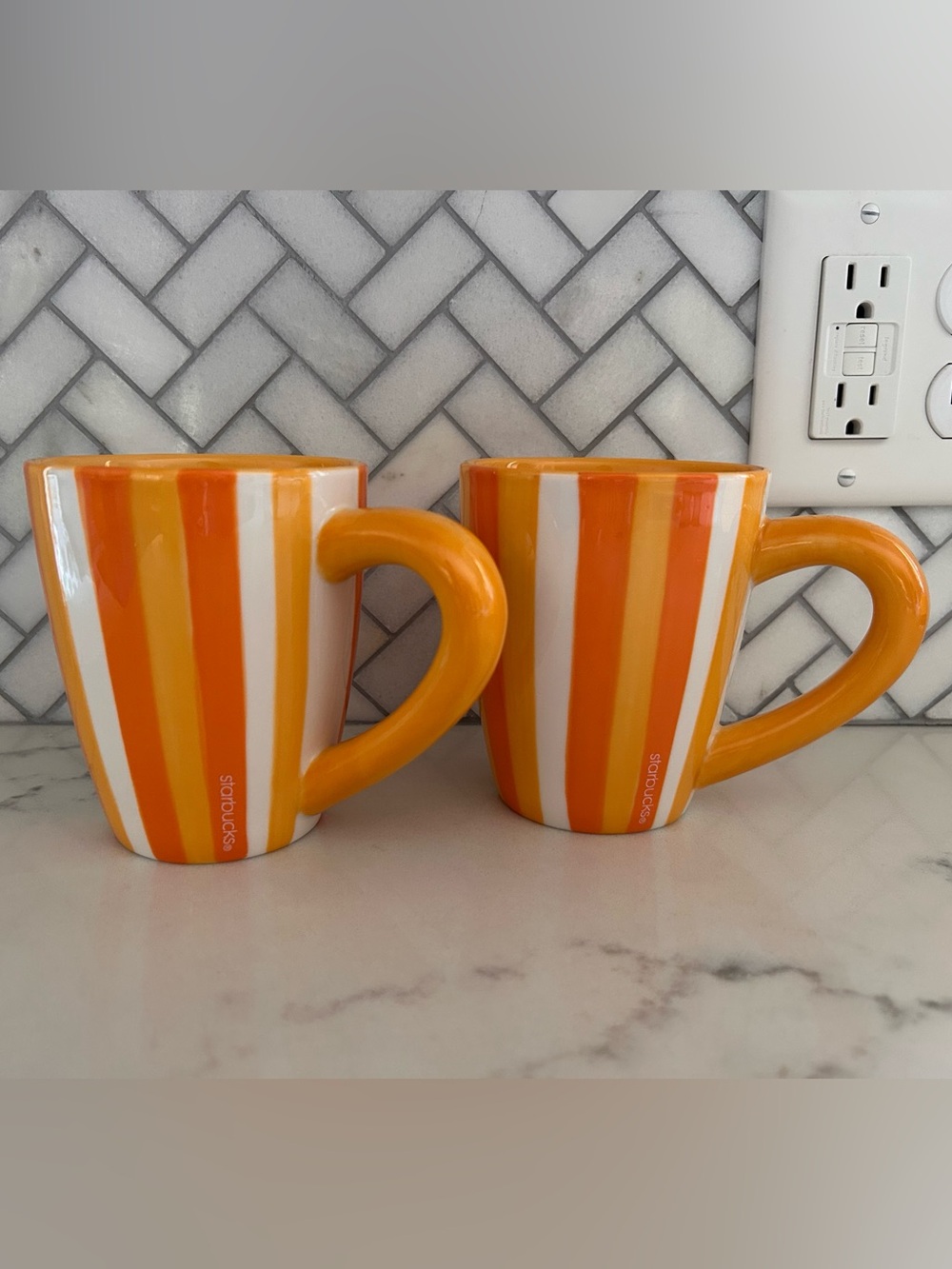 Starbucks 2003 Barista Orange & White Stripe Ceramic Coffee Mug Cup - Set of 2